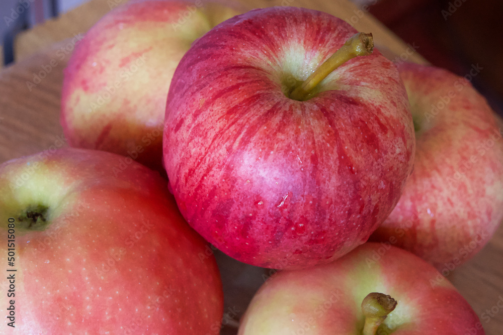Several apples of the gala and Ligol varieties, a close-up shot. Several apples of the gala and Ligol varieties, a close-up shot.