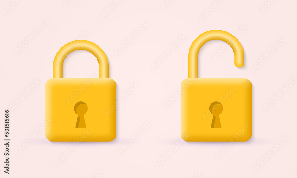 Lock 3d icon. Closed and open Padlock sign. Security, privacy, web safety concept. Vector illustration. Lock 3d icon. Closed and open Padlock sign. Security, privacy, web safety concept. Vector illustration.