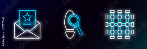 Set line Prison window, The arrest warrant and Magnifying glass with footsteps icon. Glowing neon. Vector