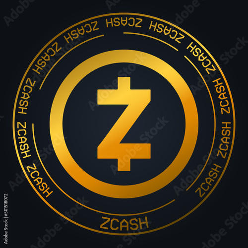 Zcash ZEC cryptocurrency vector background. Golden coin logo on black backdrop.