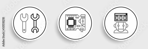 Set line Robot, Spanner and Printed circuit board PCB icon. Vector