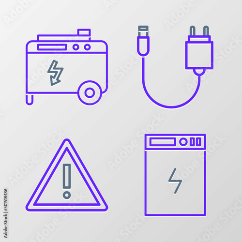 Set line Power bank, Exclamation mark in triangle, Charger and Portable power electric generator icon. Vector