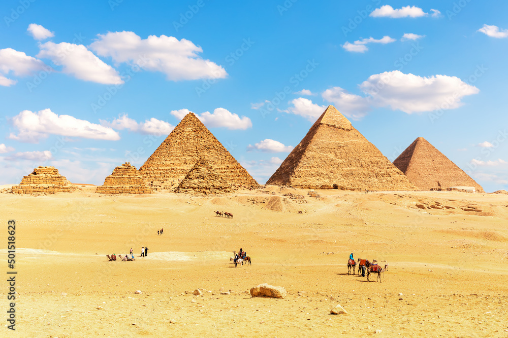 The Pyramids of Egypt and its companions in the sands of Giza desert, Africa