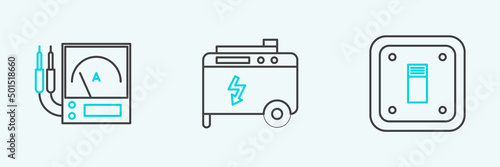 Set line Electric light switch, Ampere meter, multimeter, voltmeter and Portable power electric generator icon. Vector