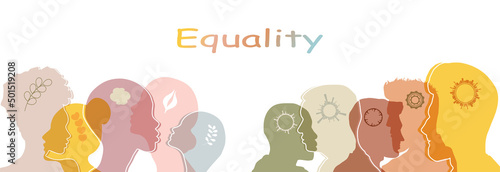 Concept of racial equality and anti-racism. Silhouette of men and women.  