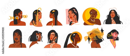Hand drawn vector abstract stock flat graphic illustrations collection set with ethnic,feminine,boho tribal magic beautiful diverse and african american woman portrait faces,stars and magic isolated.