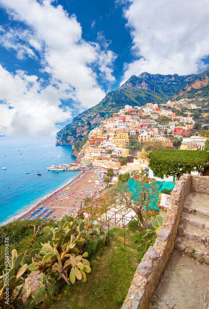 Positano (Campania, Italy) - The touristic sea town in southern Italy, province of Salerno in Amalfi Coast, with colorated historical center and very famous 'Sentiero degli Dei' trekking path.