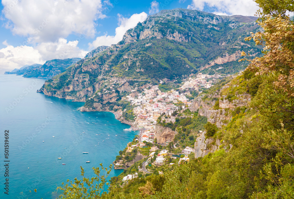 Positano (Campania, Italy) - The touristic sea town in southern Italy, province of Salerno in Amalfi Coast, with colorated historical center and very famous 'Sentiero degli Dei' trekking path.