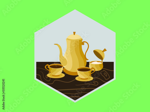 Tea time with teapot, couple of cup, and sugar flat vector illustration isolated on green. best for product cover, magazine content, ads, poster, banner, and coffee shop and kitchen wall decoration