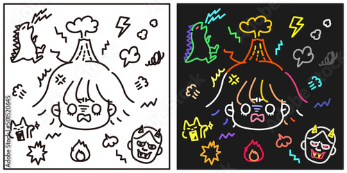 ゆるくて可愛いデフォルメキャラ、怒っている漫画コマ風表現イラストセット