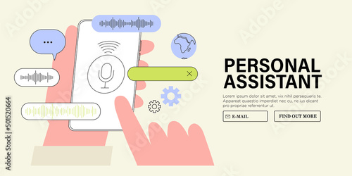 Support service concept. Man use voice assistant application to talk to customer support or personal business assistant or manager help in business. Phone call from client to manager or voice message.