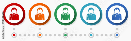 Doctor, health care, help concept vector icon set, flat design colorful buttons, infographic template in 5 color options
