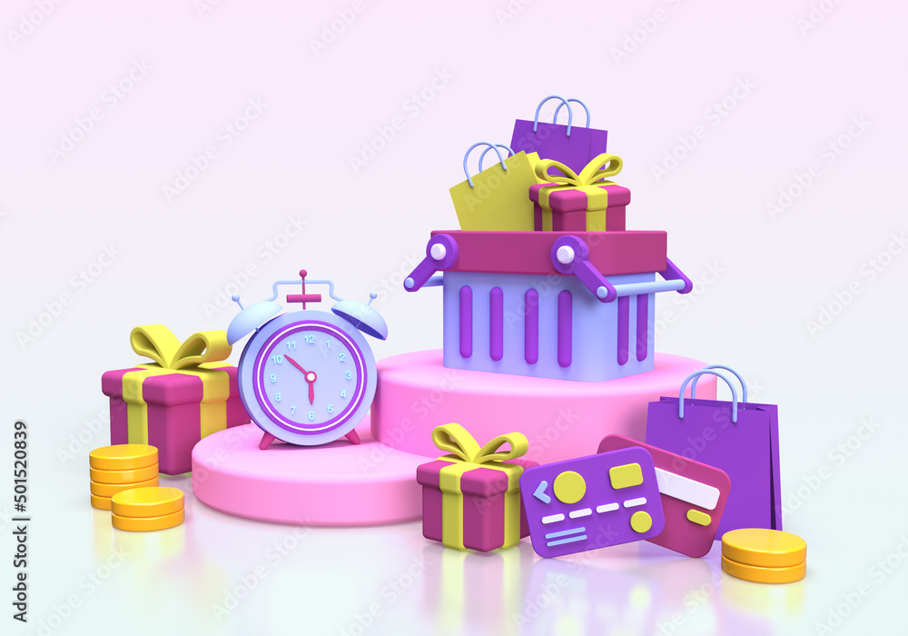 Shopping banner with gifts cart and bags illustration for business idea concept background Shopping banner with gifts cart and bags illustration for business idea concept background