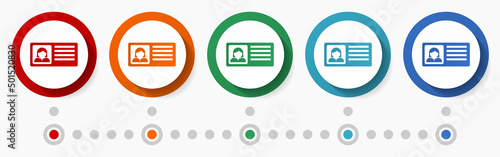 Identity card concept vector icon set, infographic template, flat design circle colorful web buttons in 5 color options