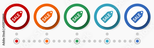 Sale, shop concept vector icon set, infographic template, flat design circle colorful web buttons in 5 color options