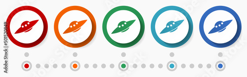 Alien spaceship concept vector icon set, infographic template, flat design colorful web buttons in 5 color options