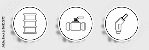 Set line Gasoline pump nozzle, Barrel oil and Industry metallic pipes and valve icon. Vector
