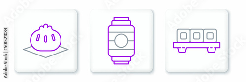 Set line Sushi on cutting board, Khinkali and Japanese paper lantern icon. Vector