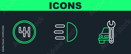 Set line Car service, Gear shifter and High beam icon. Vector