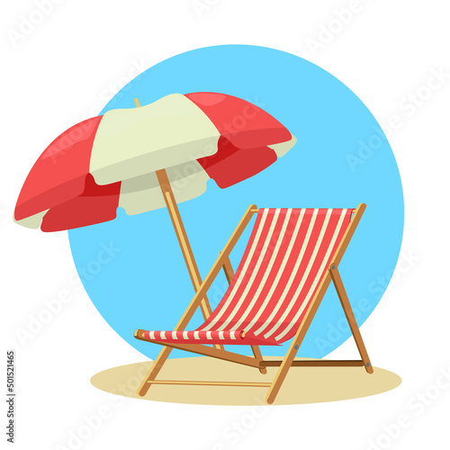 Beach chaise longue and umbrella white with red
