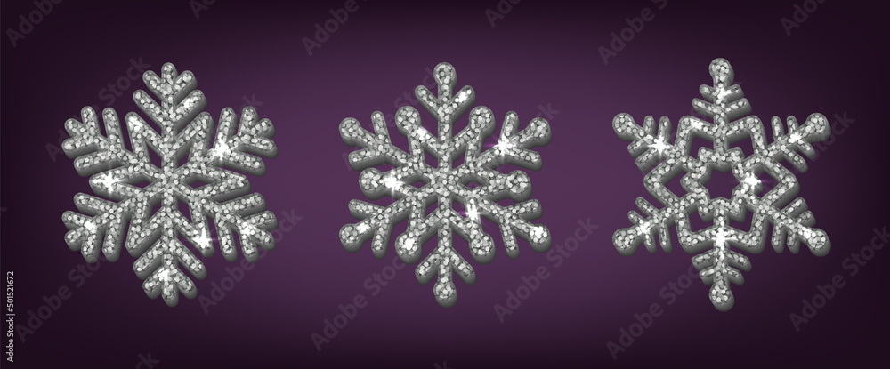 Set of glitter snowflake. Snowflake Christmas Decoration. Silver glittering Christmas decoration.