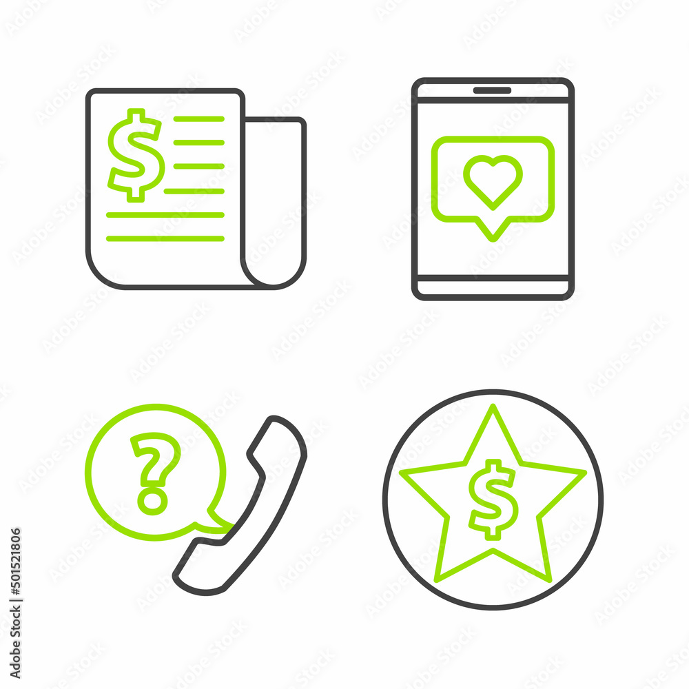 Set line Star and dollar, Telephone handset speech bubble chat, Mobile like with heart and Financial news icon. Vector Set line Star and dollar, Telephone handset speech bubble chat, Mobile like with heart and Financial news icon. Vector