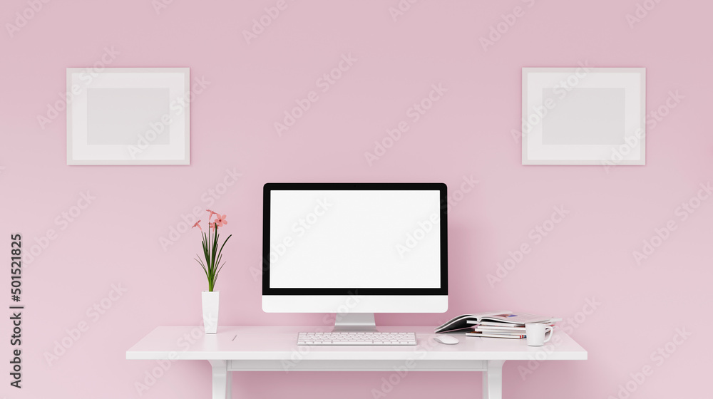 Blank computer screen and various items on desktop workspace with picture frame in home office room. 3D renering illustration. Blank computer screen and various items on desktop workspace with picture frame in home office room. 3D renering illustration.