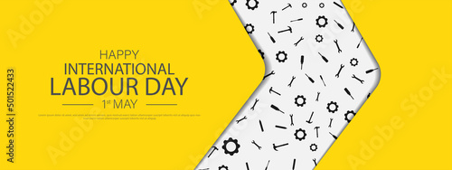Labour day or international workers' day banner template design with Yellow safety hat and construction equipment.