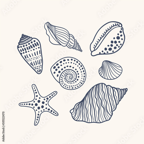 Sea shells, fossils and mollusks underwater object set. Summer beach hand-drawn seaside vector print. Fashion bright multicolored illustration. Seashore elements design