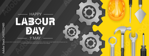 Labour day or international workers' day banner template design with Yellow safety hat and construction equipment.