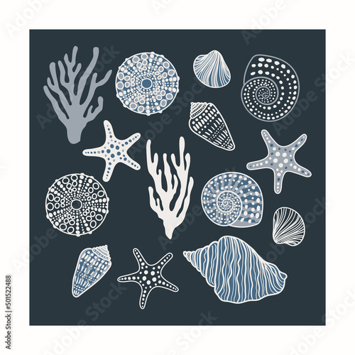 Sea shells, fossils and mollusks underwater object set. Summer beach hand-drawn seaside vector print. Fashion bright multicolored illustration. Seashore elements design