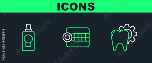 Set line Tooth treatment procedure, Mouthwash plastic bottle and Dentures model icon. Vector