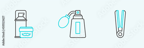 Set line Curling iron for hair, Shaving gel foam and Aftershave bottle with atomizer icon. Vector