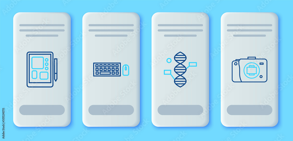 Set line Keyboard and mouse, DNA symbol, Graphic tablet and Mirrorless camera icon. Vector