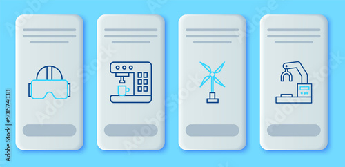 Set line Coffee machine, Wind turbine, Virtual reality glasses and Robotic robot arm hand factory icon. Vector