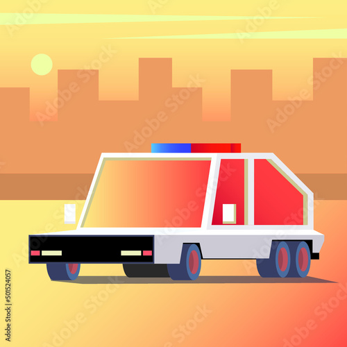 low polygonal cartoon futuristic police car against the sunset in the city, vector illustration