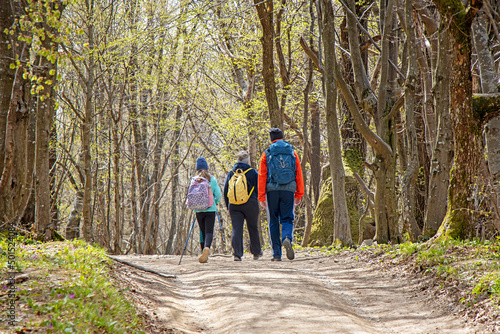 Young couple with a daughter walking by hiking trail in the forest