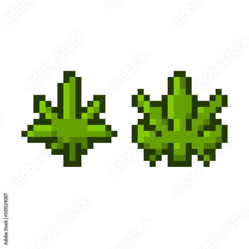 Cannabis indica and sativa leaves pixel art cartoon game style icons.