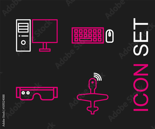 Set line UAV Drone, Smart glasses, Keyboard and mouse and Computer monitor icon. Vector