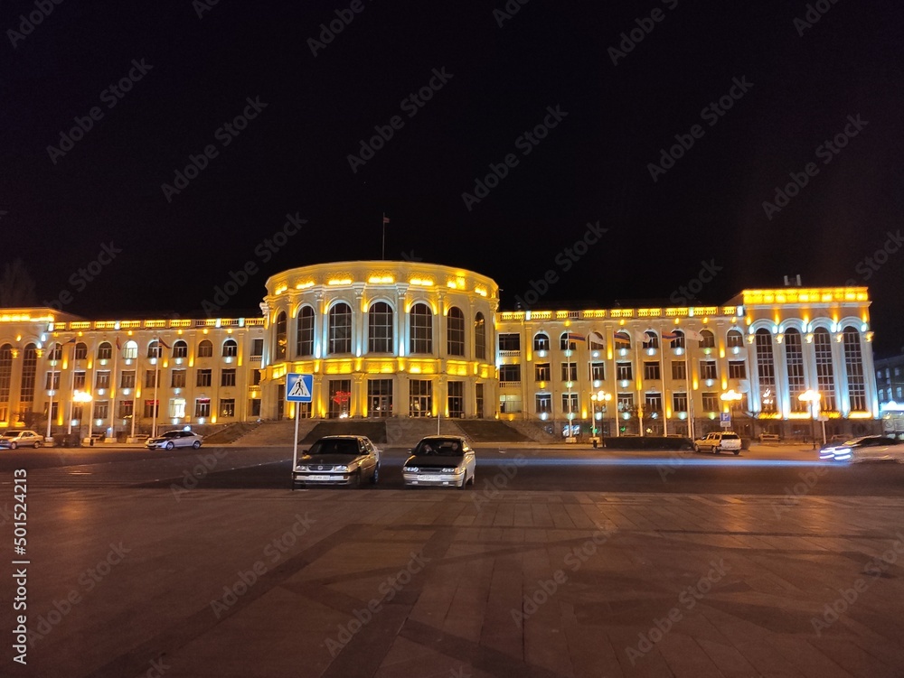 One of the cities of Armenia, Gyumri at night.  It is famous for its different culture.  This is the building of Gyumri Municipality.