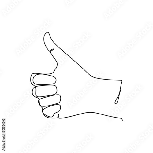 Single line drawing of hand showing thumb up. Sign and symbol of hand gestures. Single continuous line drawing. Hand drawn style art doodle isolated on white background illustration