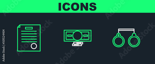 Set line Handcuffs, The arrest warrant and Stacks paper money cash icon. Vector