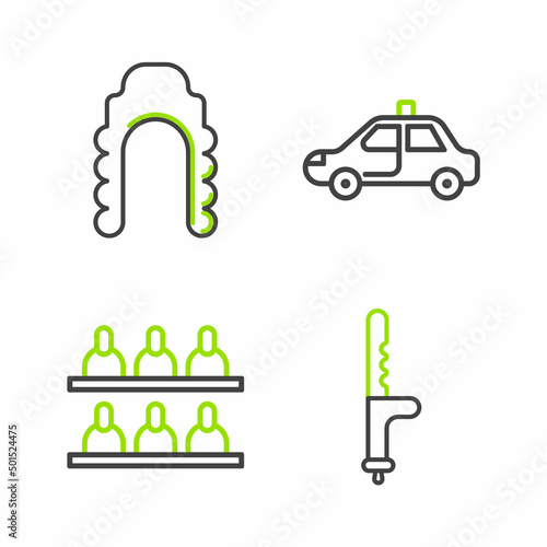 Set line Police rubber baton, Jurors, car and flasher and Judge wig icon. Vector