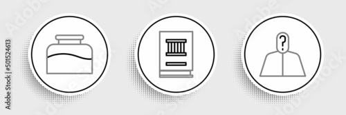 Set line Anonymous with question mark, Inkwell and Law book icon. Vector