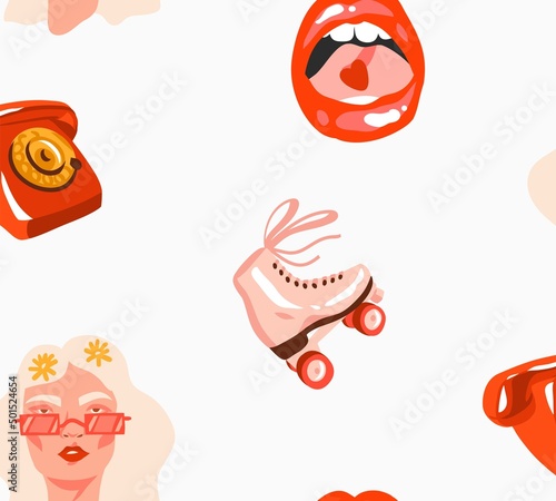 Hand drawn vector abstract stock flat graphic illustration print with retro ,vintage boho modern seamless pattern with hippie illustrations,phone,roller sketer,hippie girl portrait and lips isolated.