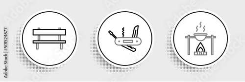 Set line Campfire and pot, Bench and Swiss army knife icon. Vector