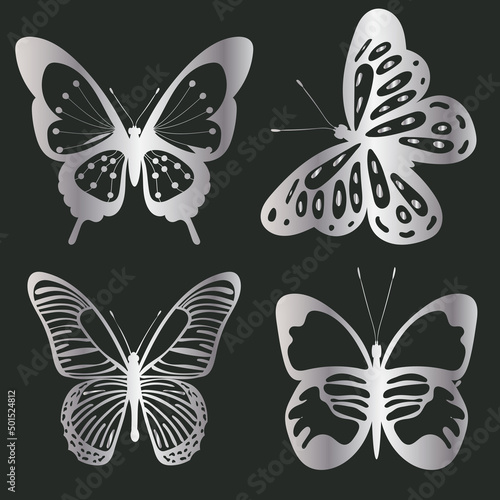 Canvas Print silver butterflies silhouette, on a black background, isolated, vector