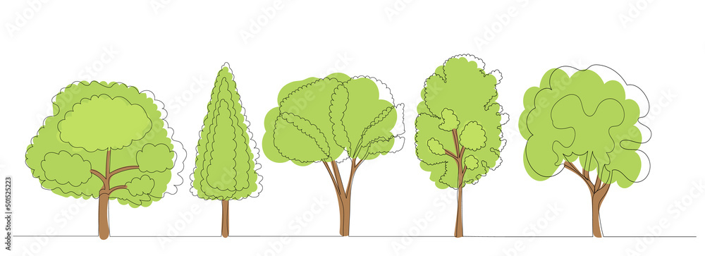 trees drawing by one continuous line, sketch - obrazy, fototapety, plakaty 