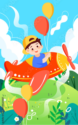 Children day boy is playing in a plane with clouds and plants in the background, vector illustration