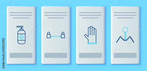 Set line Safe distance, Medical rubber gloves, Bottle of liquid antibacterial soap and Bacteria bacteriophage icon. Vector